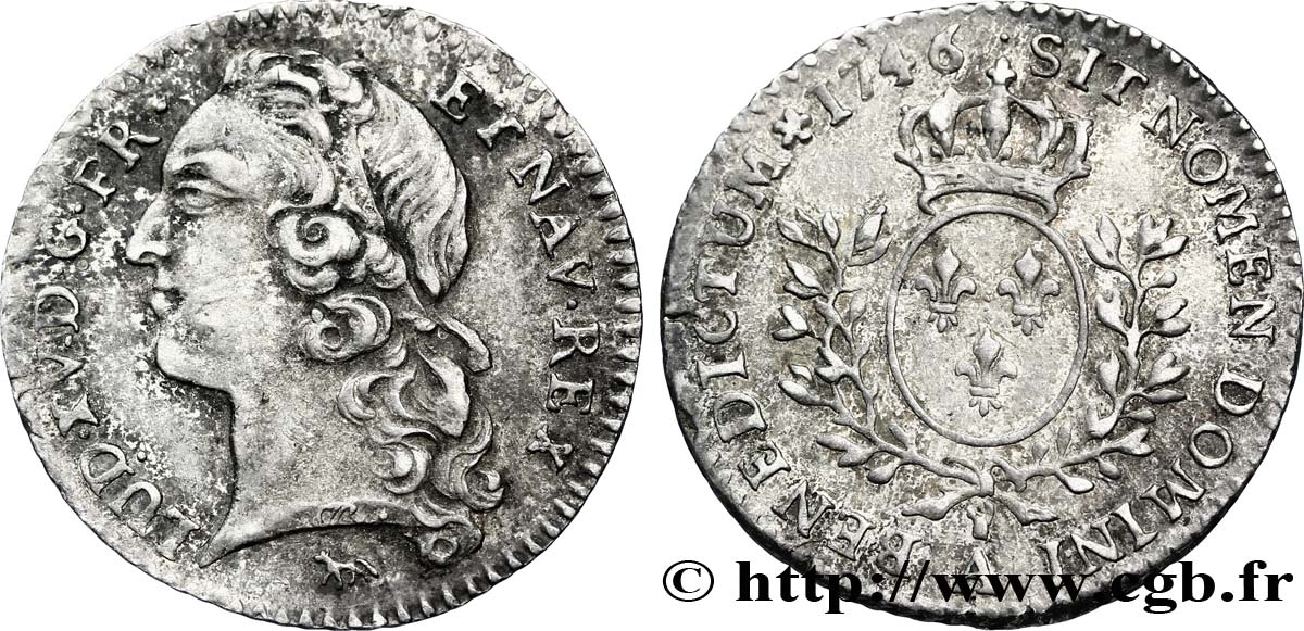 LOUIS XV DIT LE BIEN AIMÉ Vingtième d&nbsp;écu aux branches d’olivier, tête ceinte d’un bandeau 1746 Paris TB+/TTB