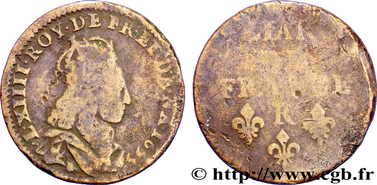 LOUIS XIV LE GRAND OU LE ROI SOLEIL Liard de cuivre, 2e type 1655 Nîmes B/AB