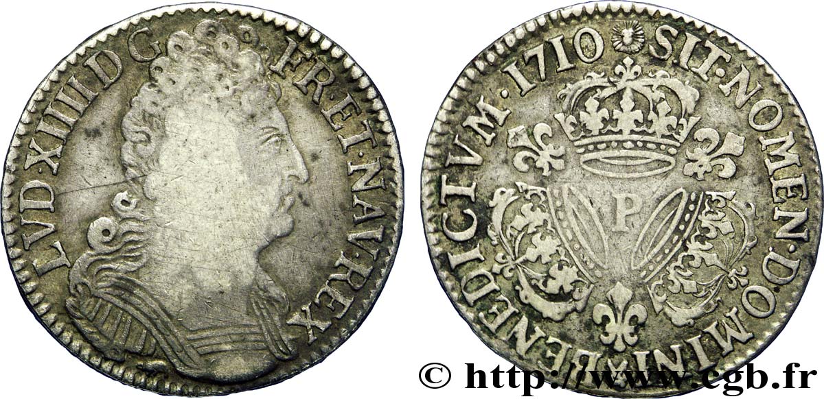 LOUIS XIV  THE SUN KING  Demi-écu aux trois couronnes 1710 Dijon VF/VF