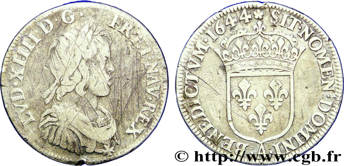 LOUIS XIV  THE SUN KING  Quart d écu, portrait à la mèche courte 1644 Paris, Monnaie du Louvre VG