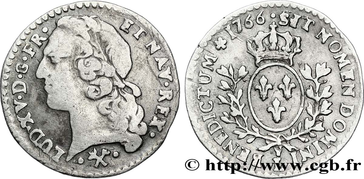 LOUIS XV DIT LE BIEN AIMÉ Vingtième d&nbsp;écu aux branches d’olivier, tête ceinte d’un bandeau 1766 Bayonne TB