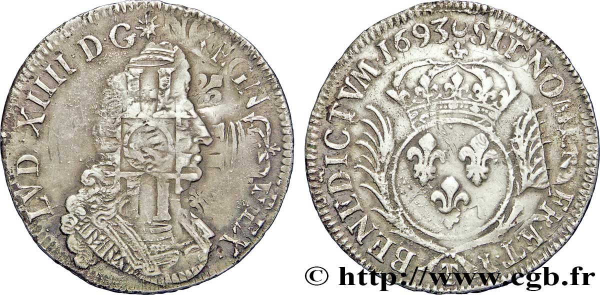 LOUIS XIV LE GRAND OU LE ROI SOLEIL Demi-écu aux palmes 1693 Nantes TB+