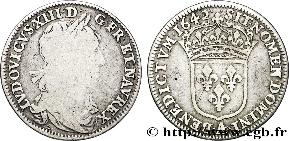 LOUIS XIII  Quart d écu, buste drapé (1er buste de Jean Warin) 1642 Paris, Monnaie du Louvre VF