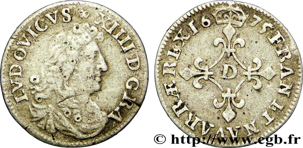 LOUIS XIV LE GRAND OU LE ROI SOLEIL Quatre sols à la croix formée de lis 1675 Vimy-en-Lyonnais (actuellement Neuville-sur-Saône) TB