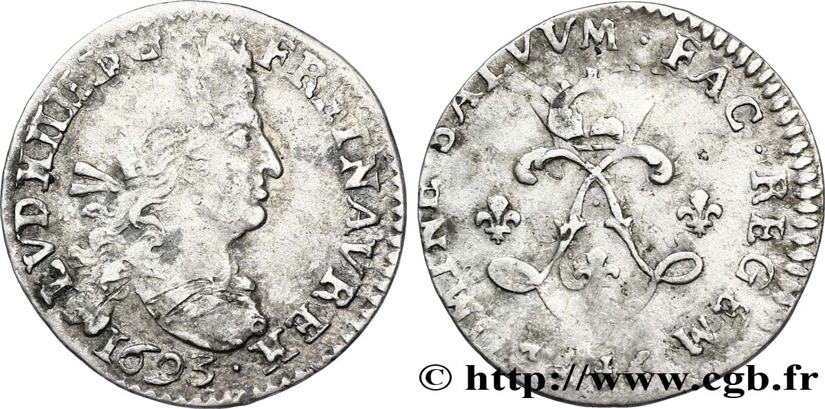 LOUIS XIV LE GRAND OU LE ROI SOLEIL Quatre sols aux deux L 1693 La Rochelle TB