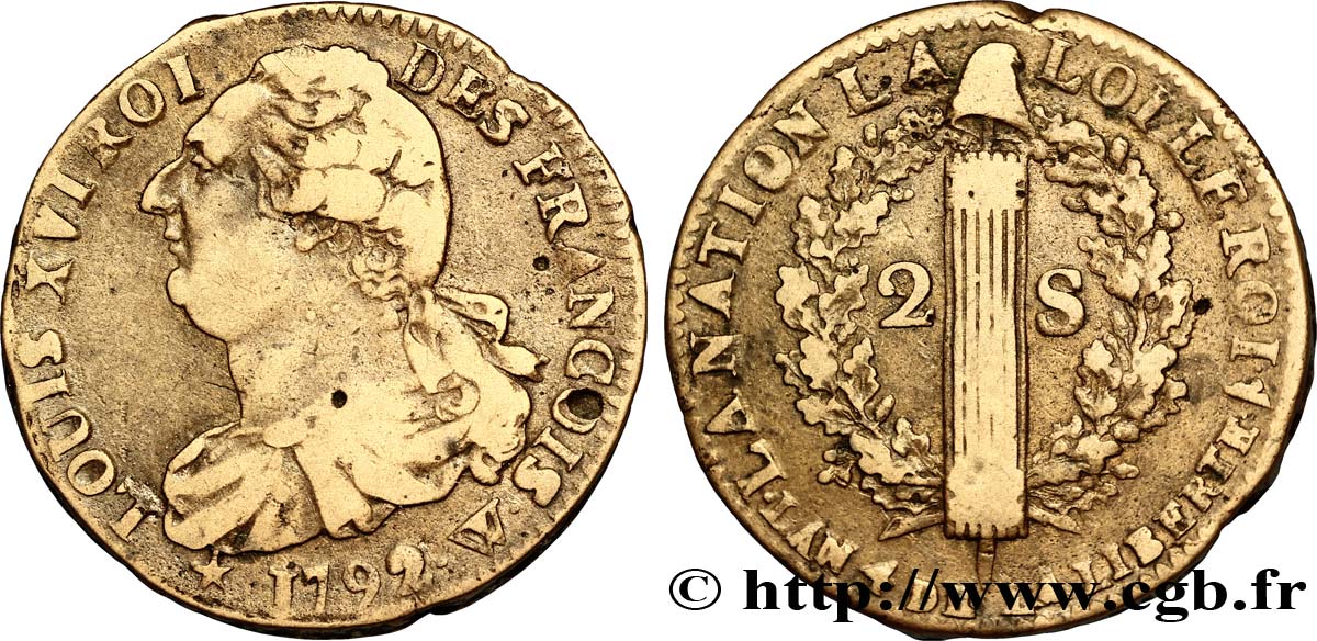 LOUIS XVI 2 sols dit  au faisceau , type FRANCOIS 1792 Lille VF