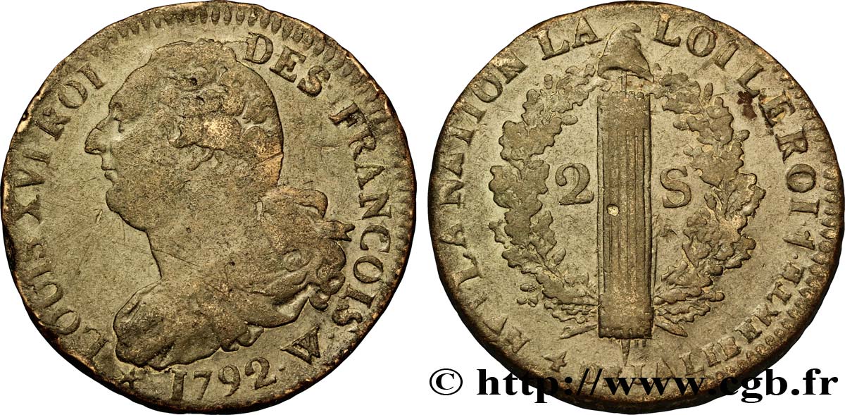 LOUIS XVI (MONARQUE CONSTITUTIONNEL)  2 sols dit  au faisceau , type FRANCOIS 1792 Lille TB+/TTB
