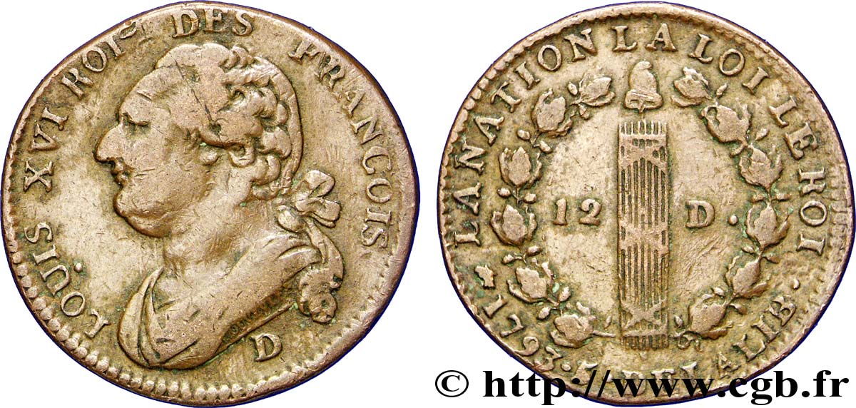 LA CONVENTION 12 deniers dit &nbsp;au faisceau&nbsp;, type FRANCOIS 1793 Lyon TTB