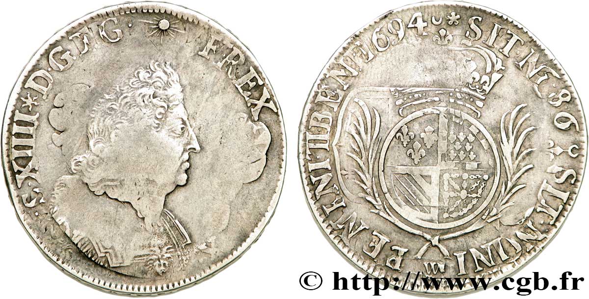 LOUIS XIV LE GRAND OU LE ROI SOLEIL Écu de Flandre aux palmes 1694 Lille TB/TB+