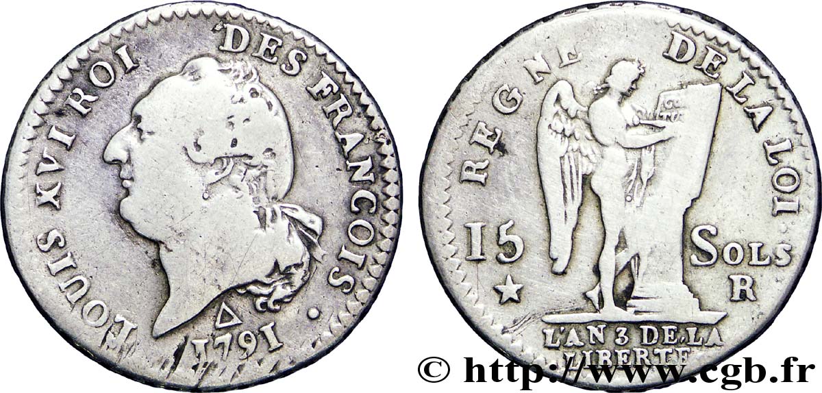 LOUIS XVI (MONARQUE CONSTITUTIONNEL)  15 sols dit &nbsp;au génie&nbsp;, type FRANCOIS 1791 Orléans B+/TB
