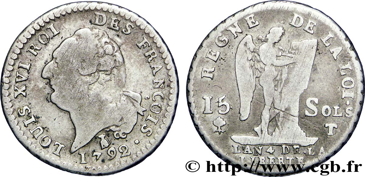 LOUIS XVI (MONARQUE CONSTITUTIONNEL)  15 sols dit &nbsp;au génie&nbsp;, type FRANÇOIS 1792 Nantes B+