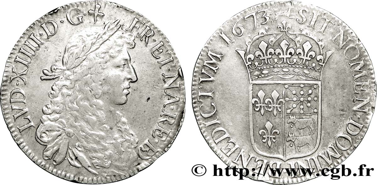 LOUIS XIV LE GRAND OU LE ROI SOLEIL Écu de Béarn, portrait apollinien 1673 Pau TTB+