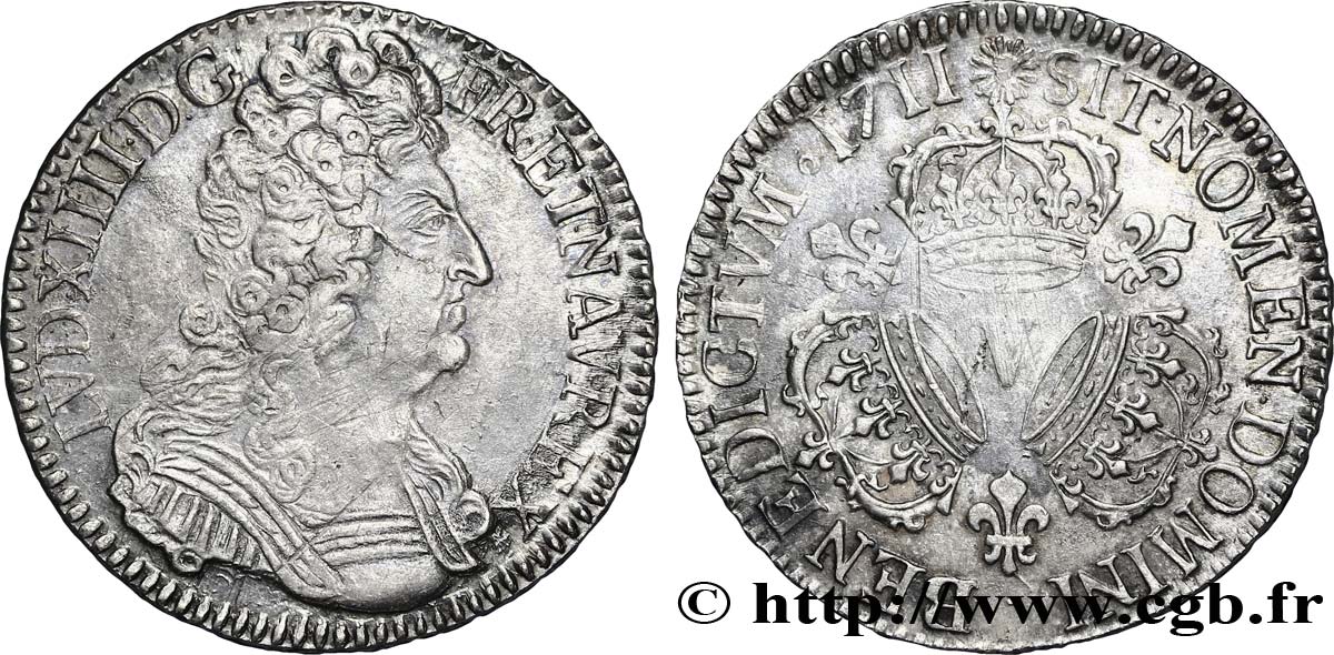 LOUIS XIV LE GRAND OU LE ROI SOLEIL Demi-écu aux trois couronnes 1711 Troyes TTB