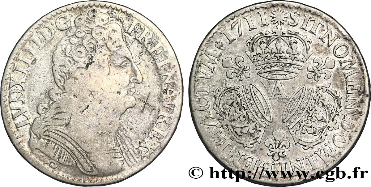 LOUIS XIV LE GRAND OU LE ROI SOLEIL Demi-écu aux trois couronnes 1711 Paris TB/TB+