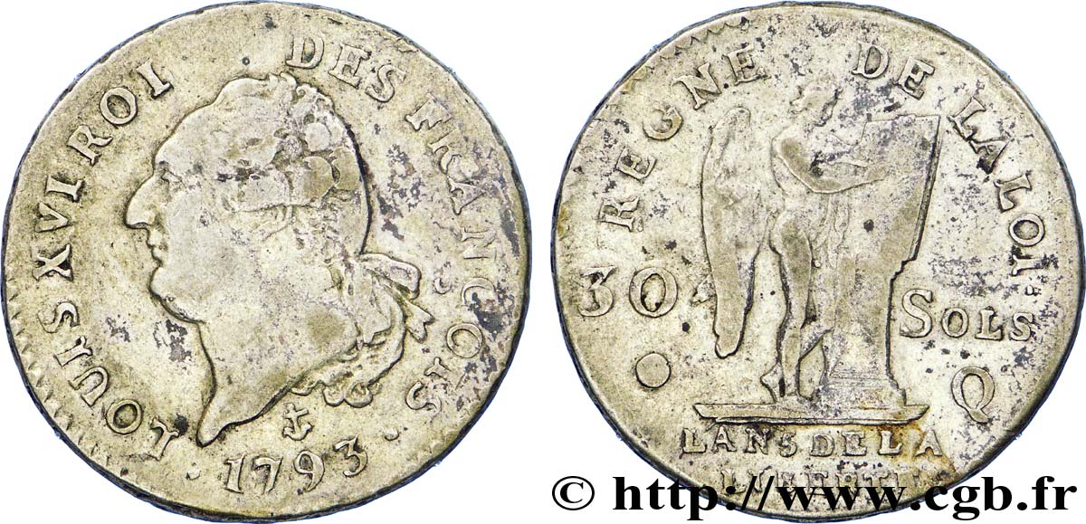 LA CONVENTION 30 sols dit &nbsp;au génie&nbsp;, type FRANÇOIS 1793 Perpignan TB+