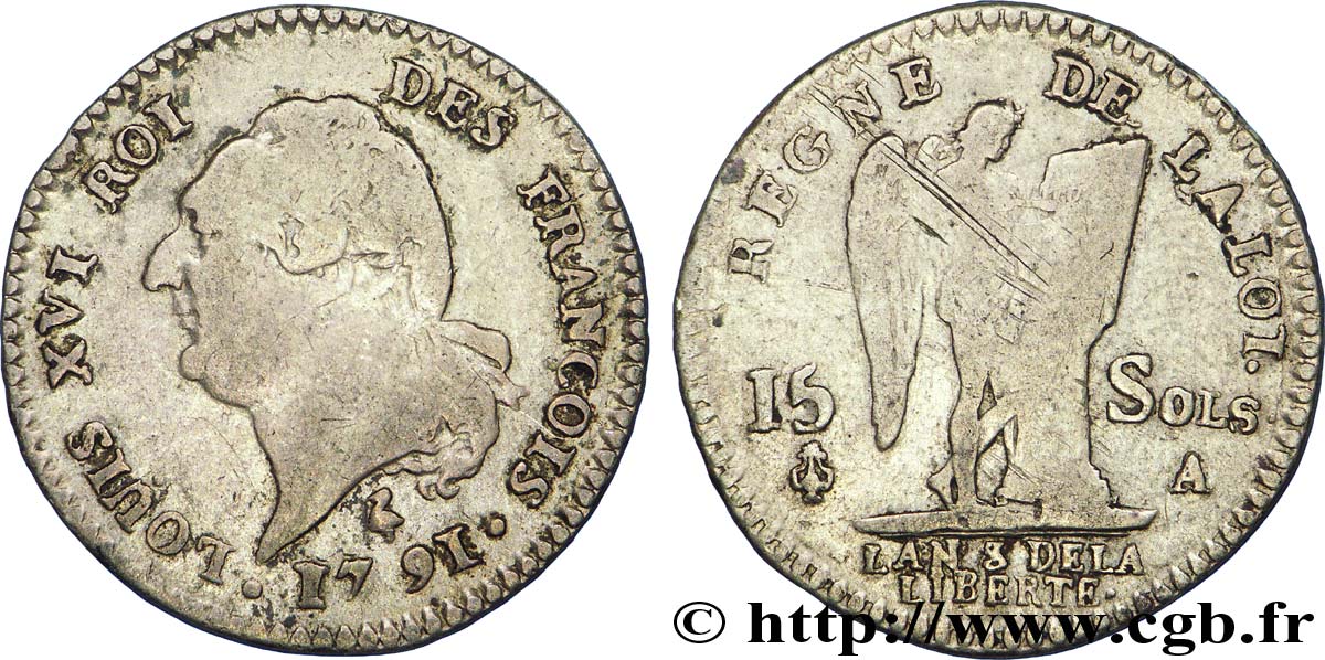 LOUIS XVI (MONARQUE CONSTITUTIONNEL)  15 sols dit &nbsp;au génie&nbsp;, type FRANÇOIS 1791 Paris TB