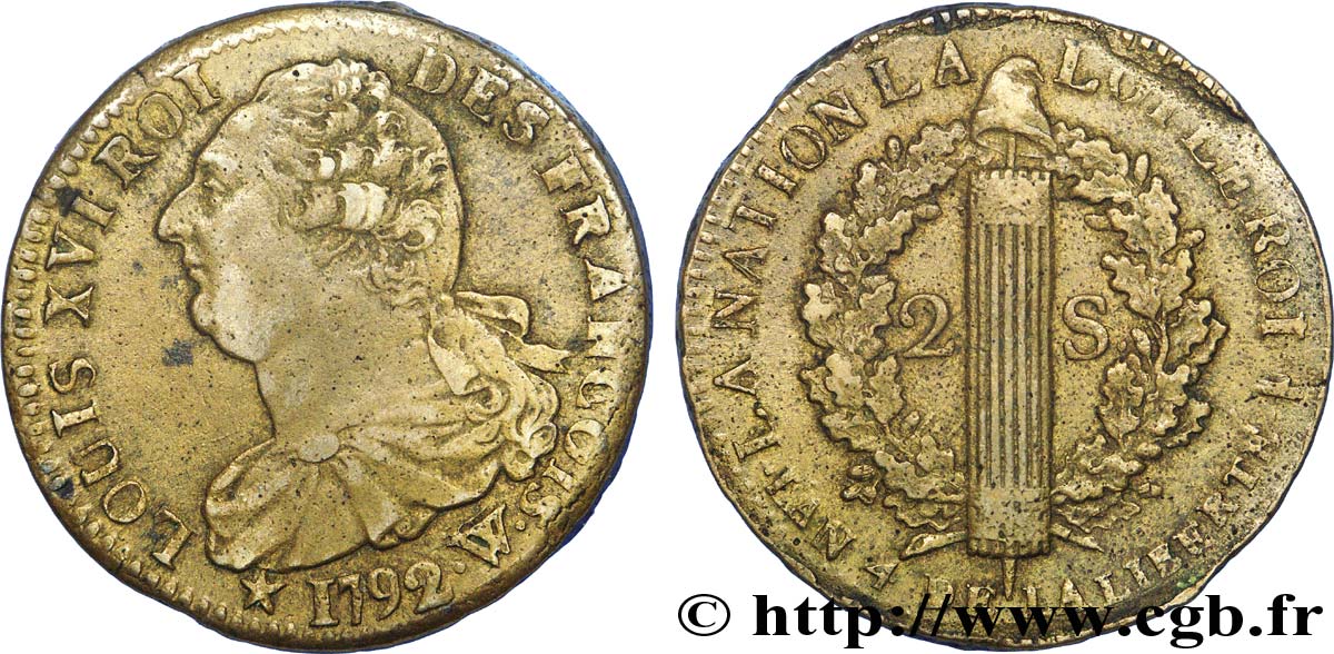 LOUIS XVI (MONARQUE CONSTITUTIONNEL)  2 sols dit  au faisceau , type FRANÇOIS 1792 Lille TTB+