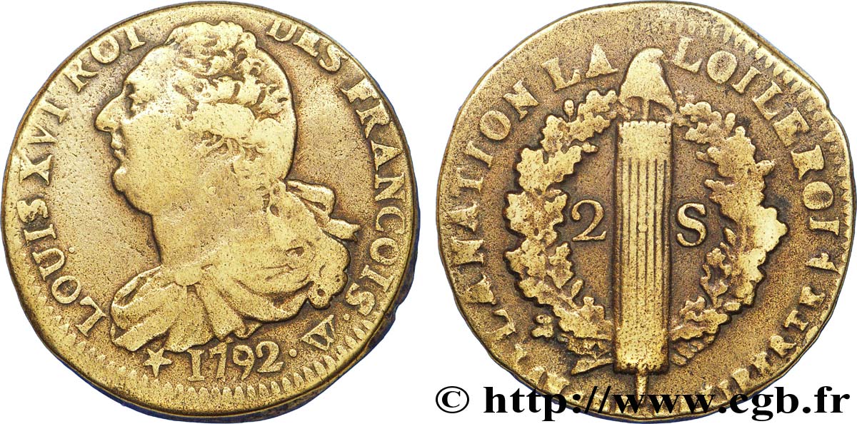 LOUIS XVI (MONARQUE CONSTITUTIONNEL)  2 sols dit  au faisceau , type FRANCOIS 1792 Lille TB+
