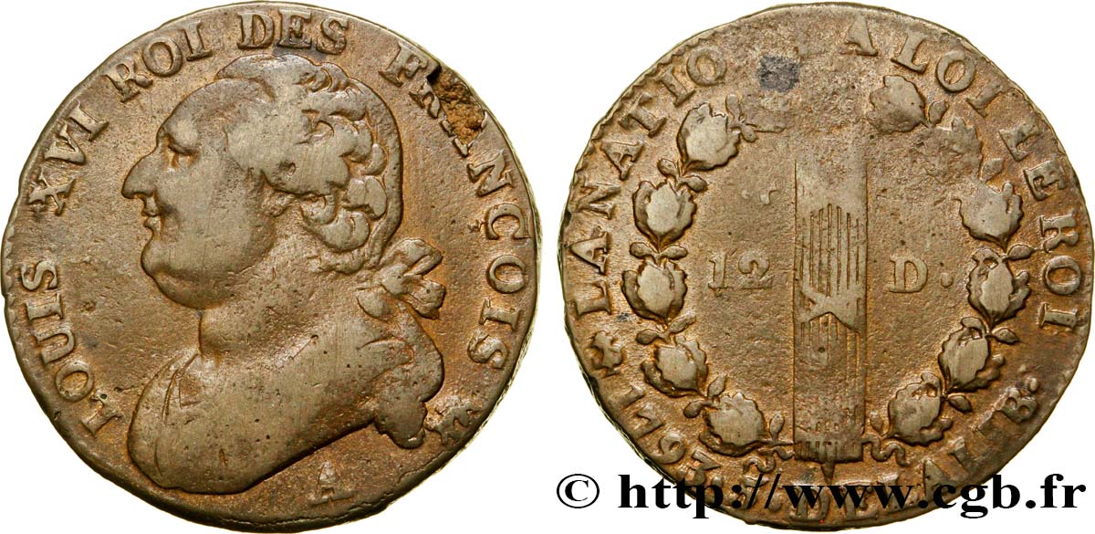 LOUIS XVI (MONARQUE CONSTITUTIONNEL)  12 deniers dit  au faisceau , type FRANCOIS 1793 Paris TB