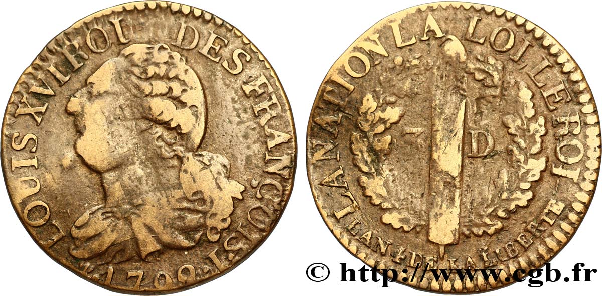 LOUIS XVI (MONARQUE CONSTITUTIONNEL)  3 deniers dit &nbsp;au faisceau&nbsp;, type FRANÇOIS 1792 Limoges TB