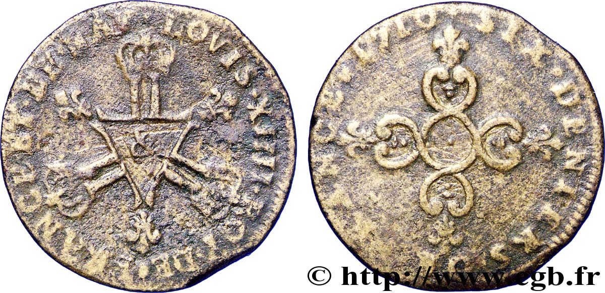 LOUIS XIV LE GRAND OU LE ROI SOLEIL Pièce de six deniers 1710 Aix-en-Provence B+