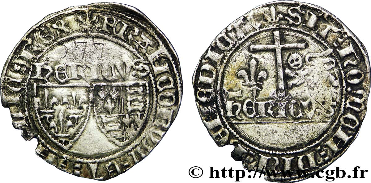 HENRY VI DE LANCASTRE - ROI DE FRANCE (1422-1453) - ROI D&nbsp;ANGLETERRE (1422-1461) et (1470-1471) Blanc aux écus n.d. Saint-Lô TTB