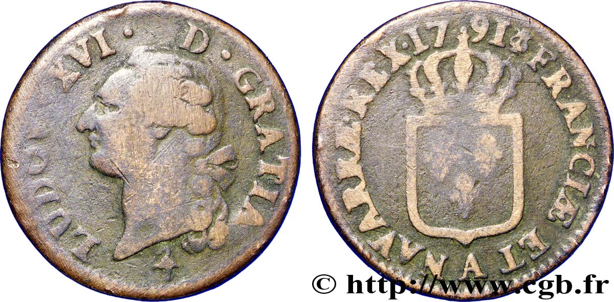 LOUIS XVI (MONARQUE CONSTITUTIONNEL)  Sol dit &nbsp;à l&nbsp;écu&nbsp; 1791 Paris B+/TB
