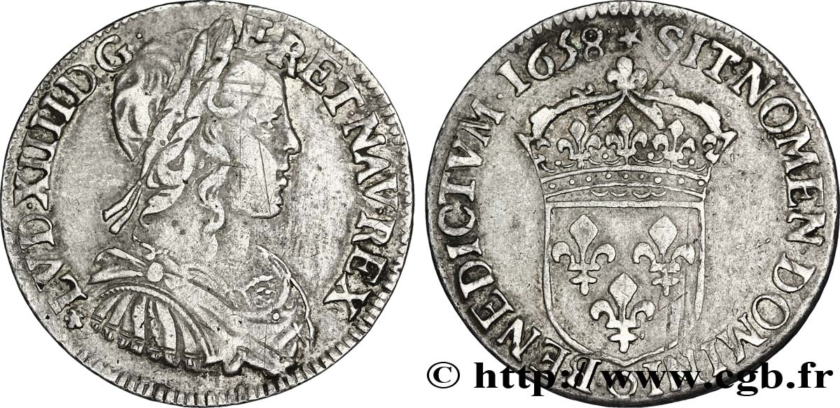 LOUIS XIV LE GRAND OU LE ROI SOLEIL Demi-écu, portrait à la mèche longue 1658 Rennes TTB/TB+