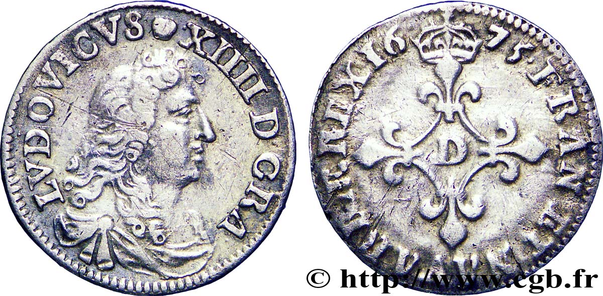 LOUIS XIV LE GRAND OU LE ROI SOLEIL Quatre sols à la croix formée de lis 1675 Vimy-en-Lyonnais (actuellement Neuville-sur-Saône) TB