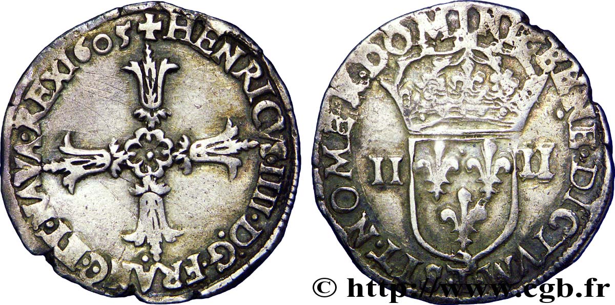 HENRY IV Quart d écu, croix feuillue de face 1605 Nantes XF