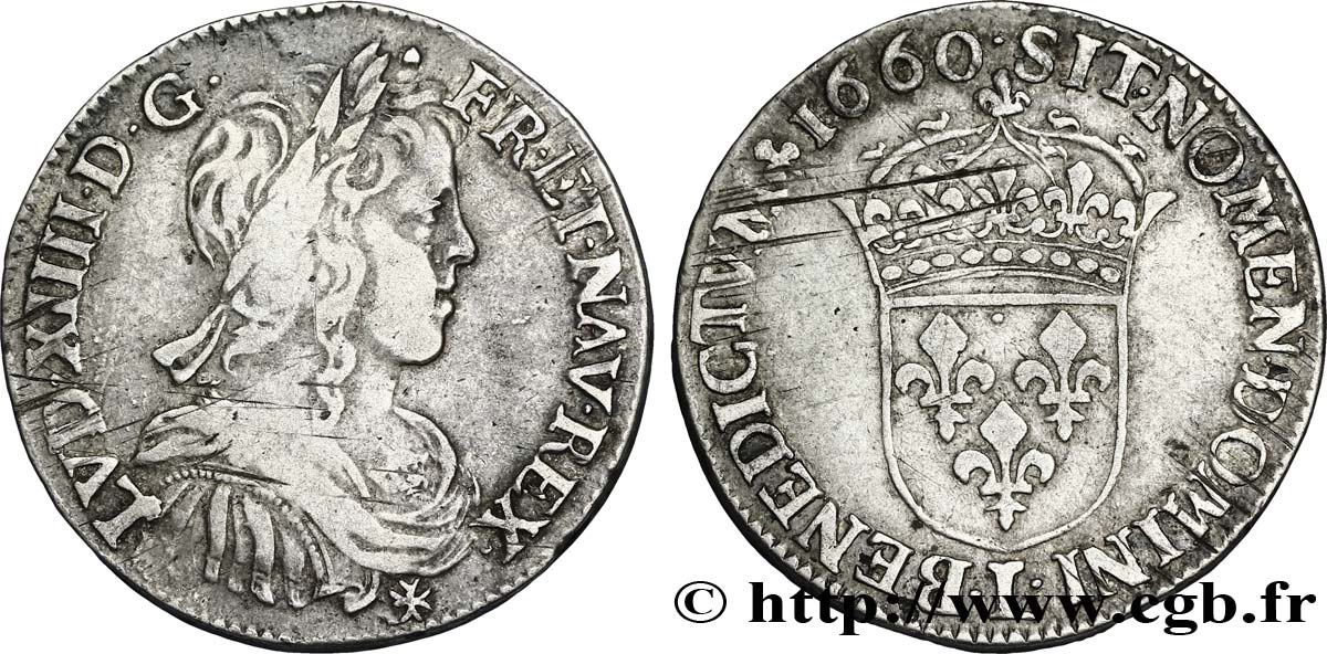 LOUIS XIV LE GRAND OU LE ROI SOLEIL Demi-écu, portrait à la mèche longue 1660 Bayonne TTB