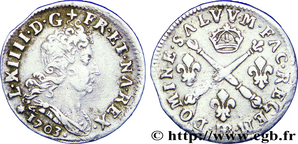 LOUIS XIV LE GRAND OU LE ROI SOLEIL Cinq sols aux insignes 1703 Strasbourg TB+