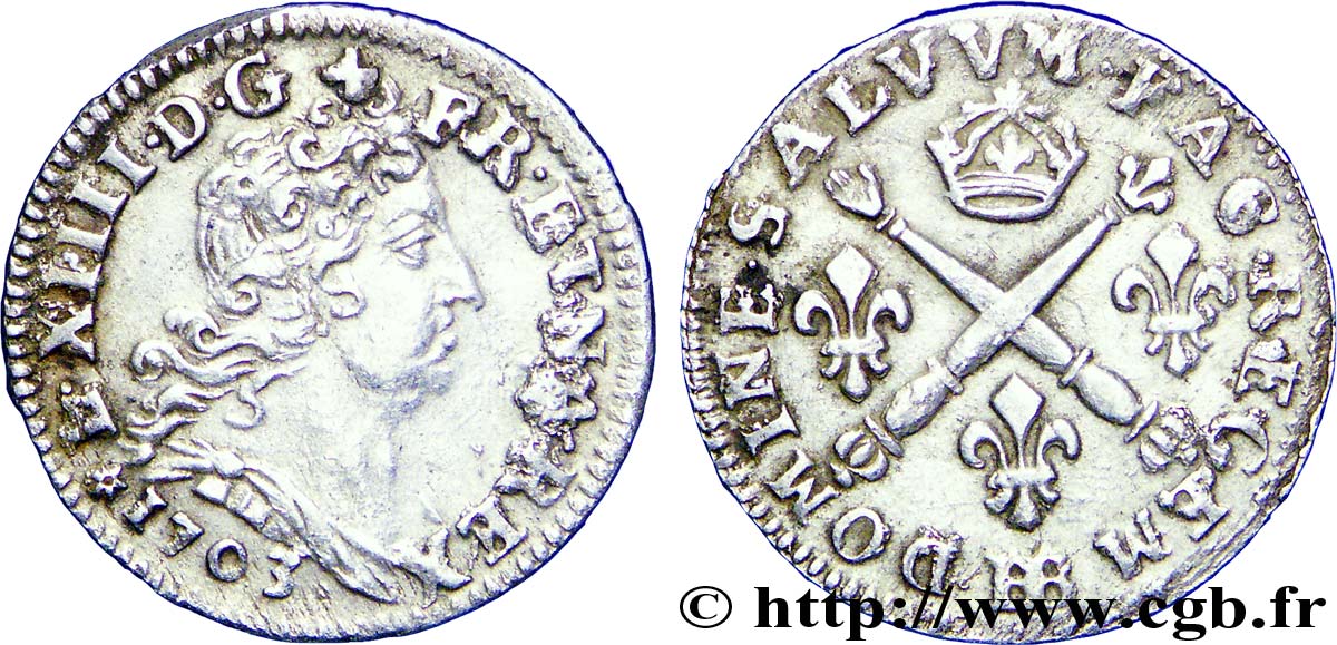 LOUIS XIV LE GRAND OU LE ROI SOLEIL Cinq sols aux insignes 1703 Strasbourg SUP/TTB+