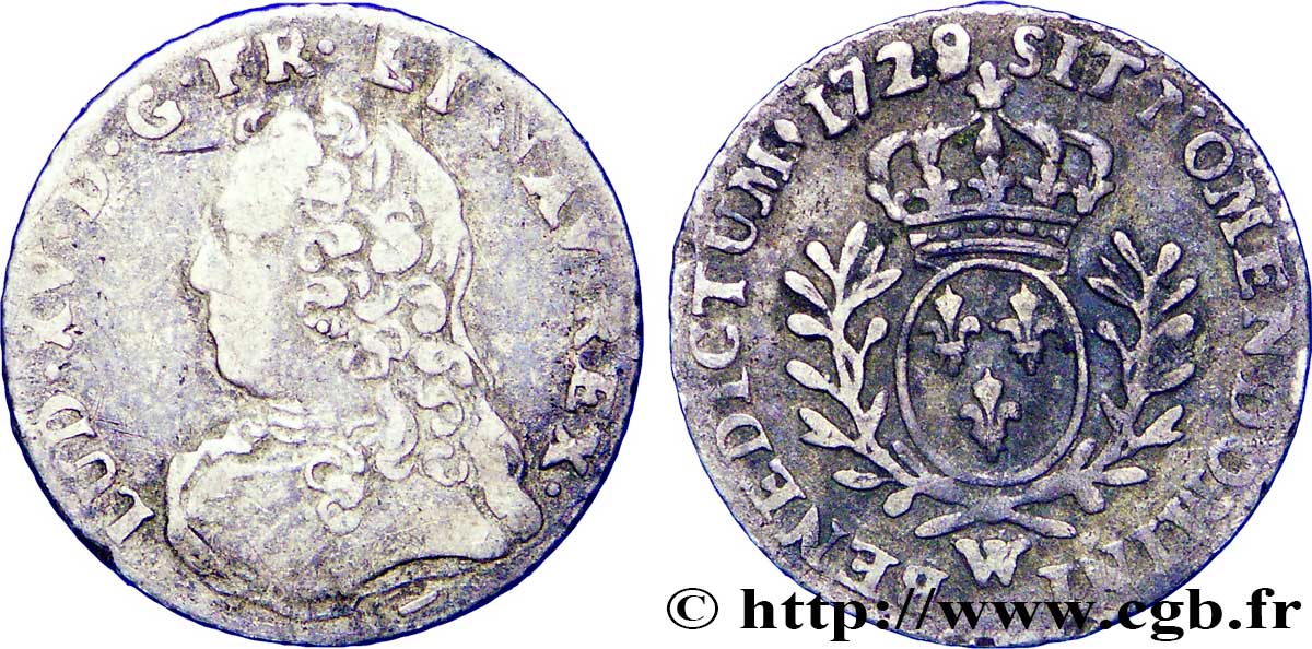 LOUIS XV DIT LE BIEN AIMÉ Vingtième d’écu aux branches d’olivier, buste habillé 1729 Lille TB/TB+