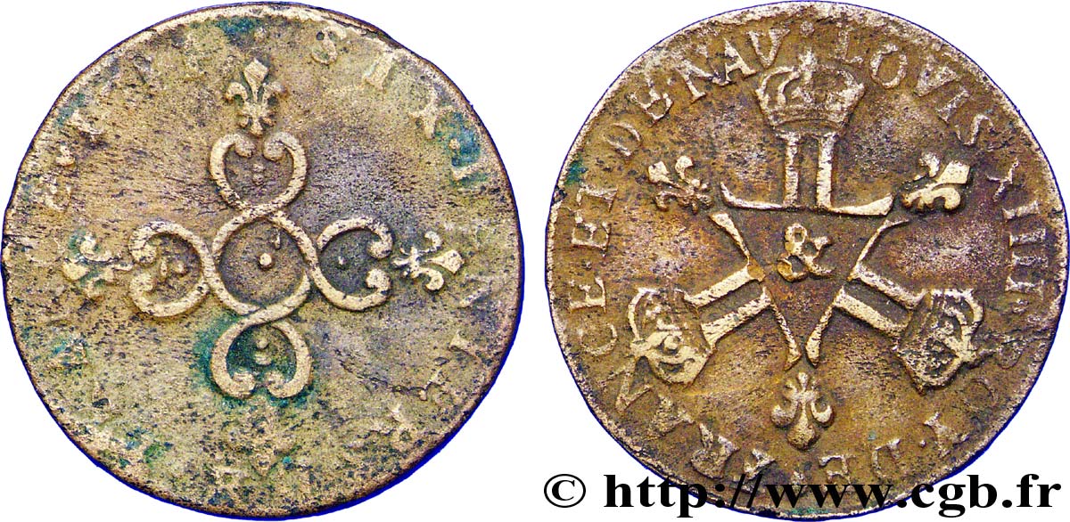 LOUIS XIV LE GRAND OU LE ROI SOLEIL Six deniers dits  Dardenne  1711 Aix-en-Provence TB+