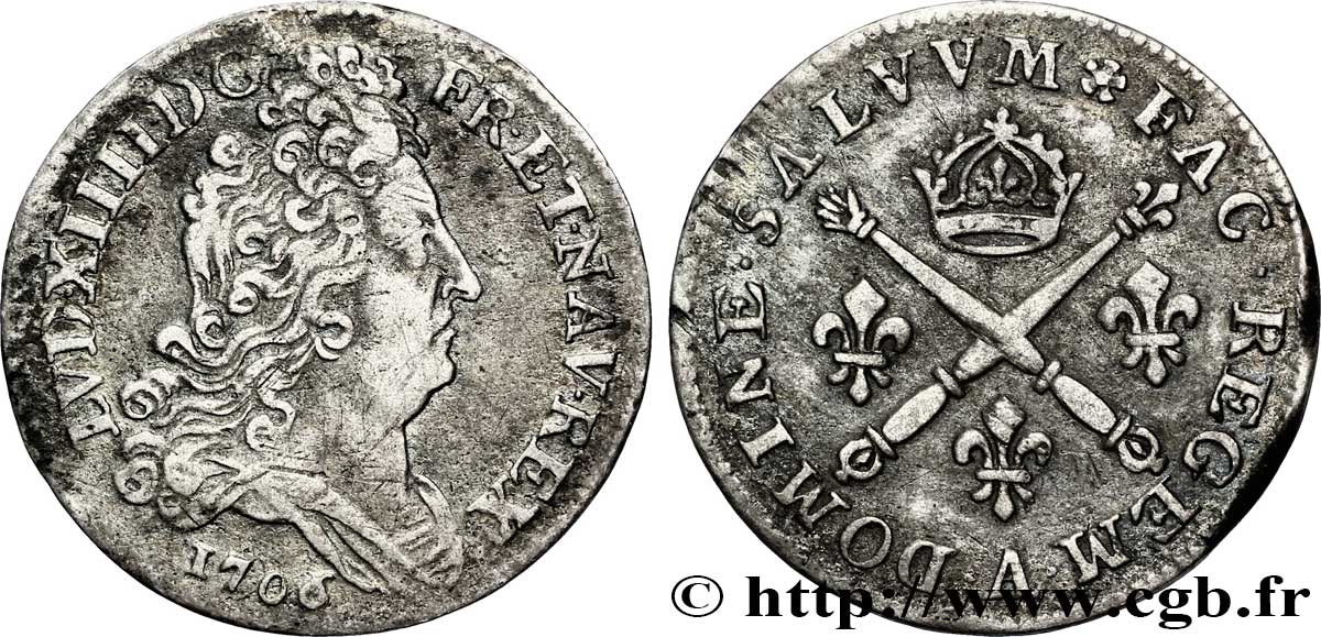 LOUIS XIV LE GRAND OU LE ROI SOLEIL 10 sols aux insignes 1706 Paris TTB