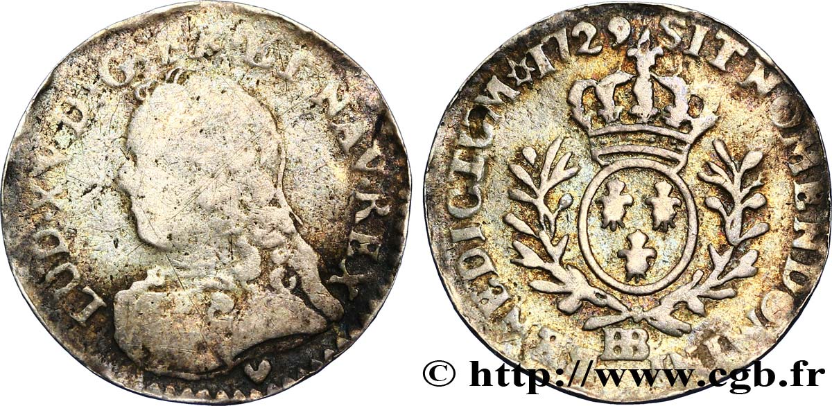 LOUIS XV DIT LE BIEN AIMÉ Vingtième d’écu aux branches d’olivier, buste habillé 1729 Strasbourg TB