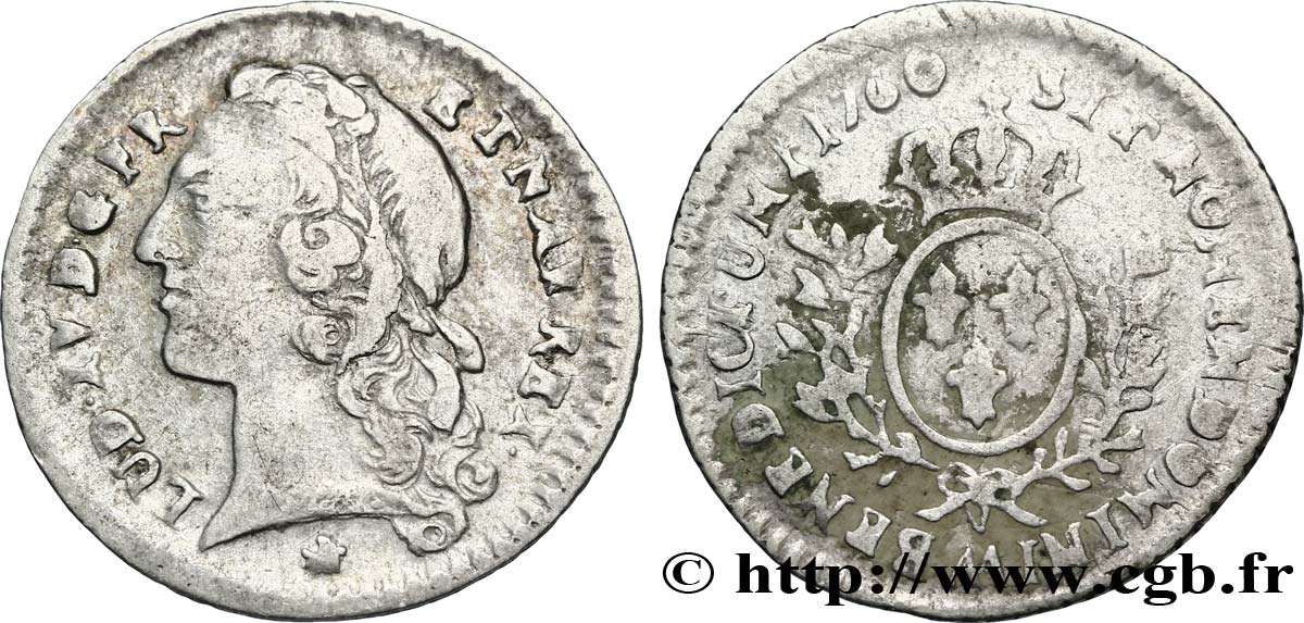 LOUIS XV DIT LE BIEN AIMÉ Vingtième d&nbsp;écu aux branches d’olivier, tête ceinte d’un bandeau 1760 Metz TB