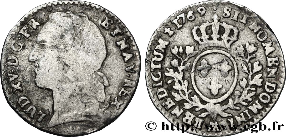 LOUIS XV DIT LE BIEN AIMÉ Dixième d&nbsp;écu aux branches d’olivier, tête ceinte d’un bandeau 1769 Metz TB