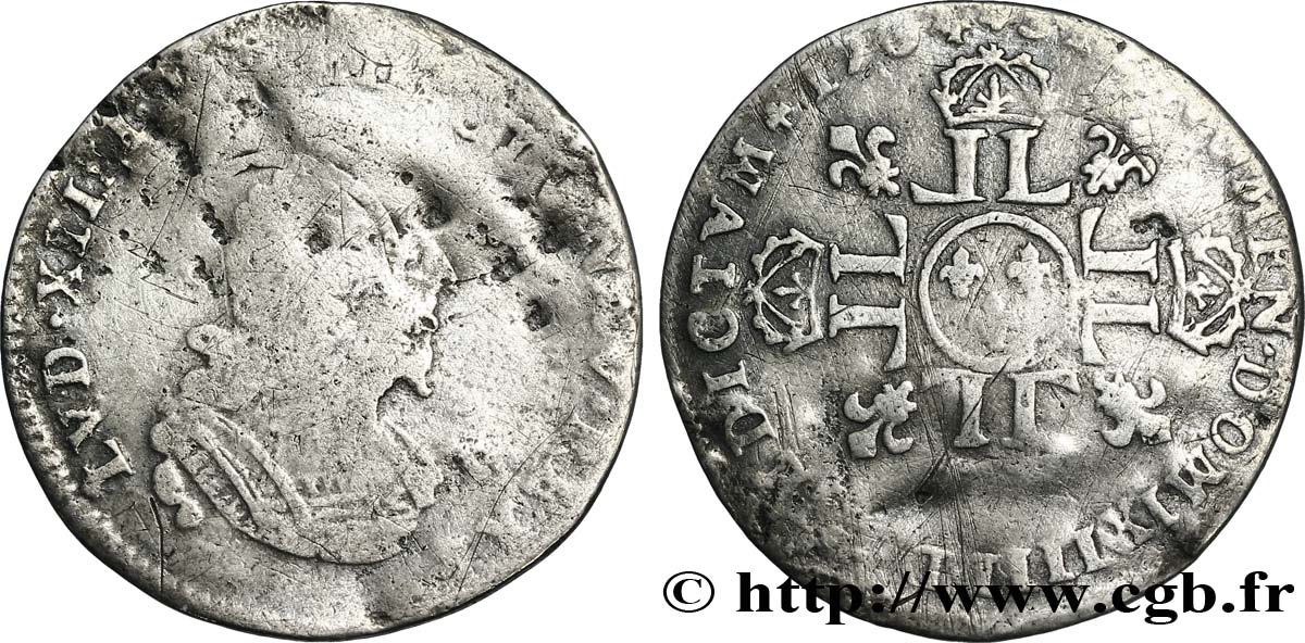 LOUIS XIV LE GRAND OU LE ROI SOLEIL Douzième d&nbsp;écu aux huit L, 2e type 1704 Atelier indéterminé TB