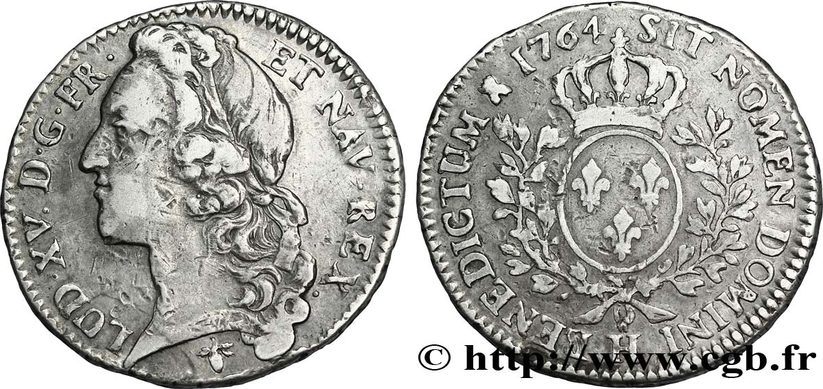 LOUIS XV DIT LE BIEN AIMÉ Demi-écu aux branches d’olivier, tête ceinte d’un bandeau 1764 La Rochelle TTB