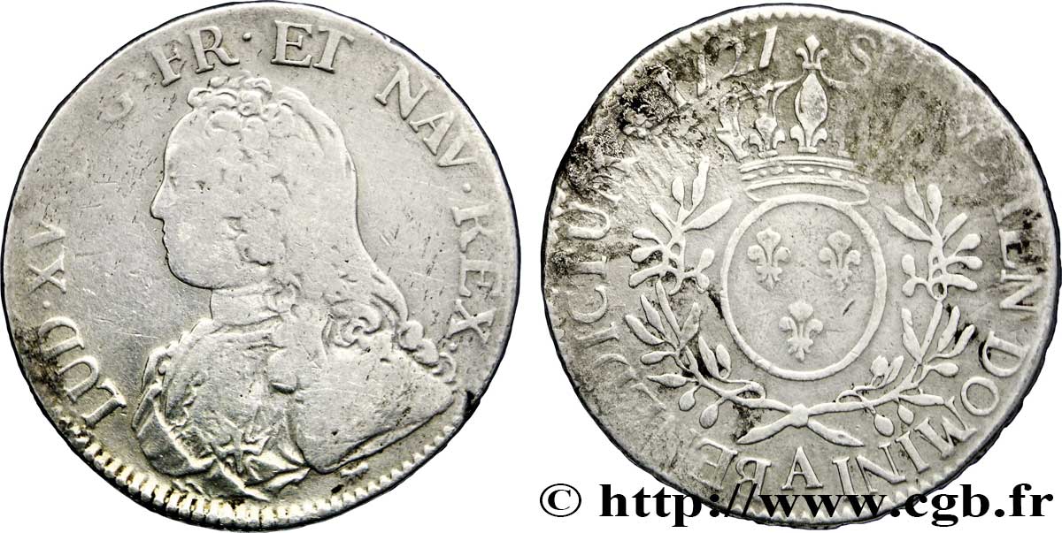 LOUIS XV DIT LE BIEN AIMÉ Écu aux branches d&nbsp;olivier, buste habillé 1727 Paris B+