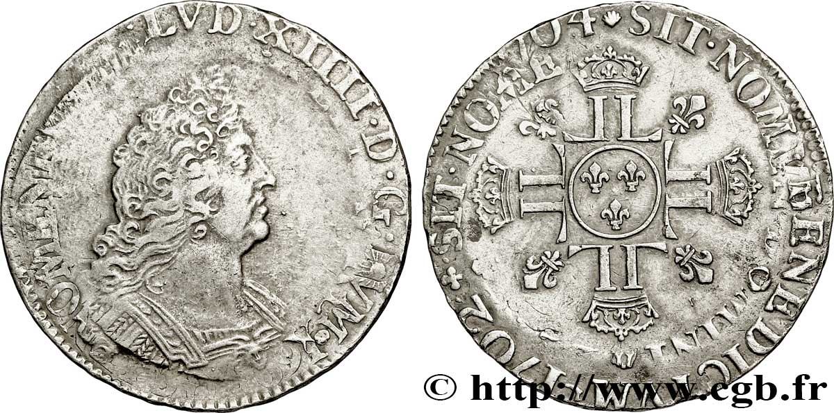 LOUIS XIV LE GRAND OU LE ROI SOLEIL Demi-écu aux huit L 1704 Atelier indéterminé TTB
