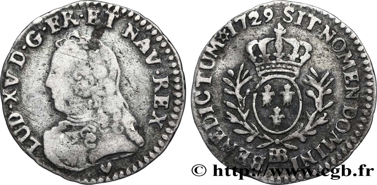 LOUIS XV DIT LE BIEN AIMÉ Vingtième d’écu aux branches d’olivier, buste habillé 1729 Strasbourg TB/TB+
