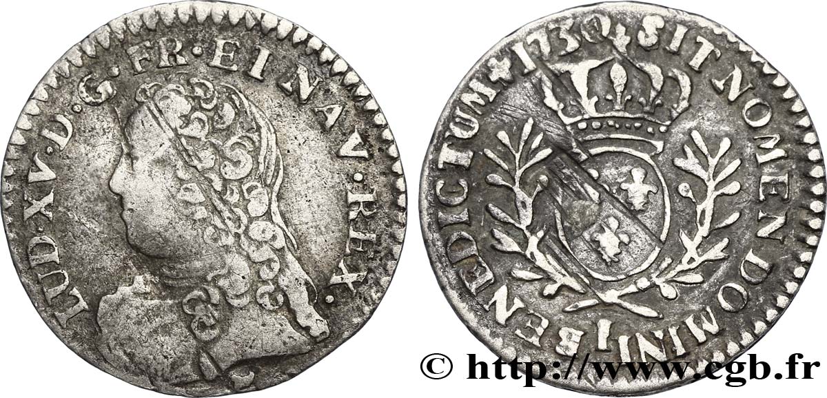 LOUIS XV DIT LE BIEN AIMÉ Vingtième d’écu aux branches d’olivier, buste habillé 1730 Limoges TB+/TB