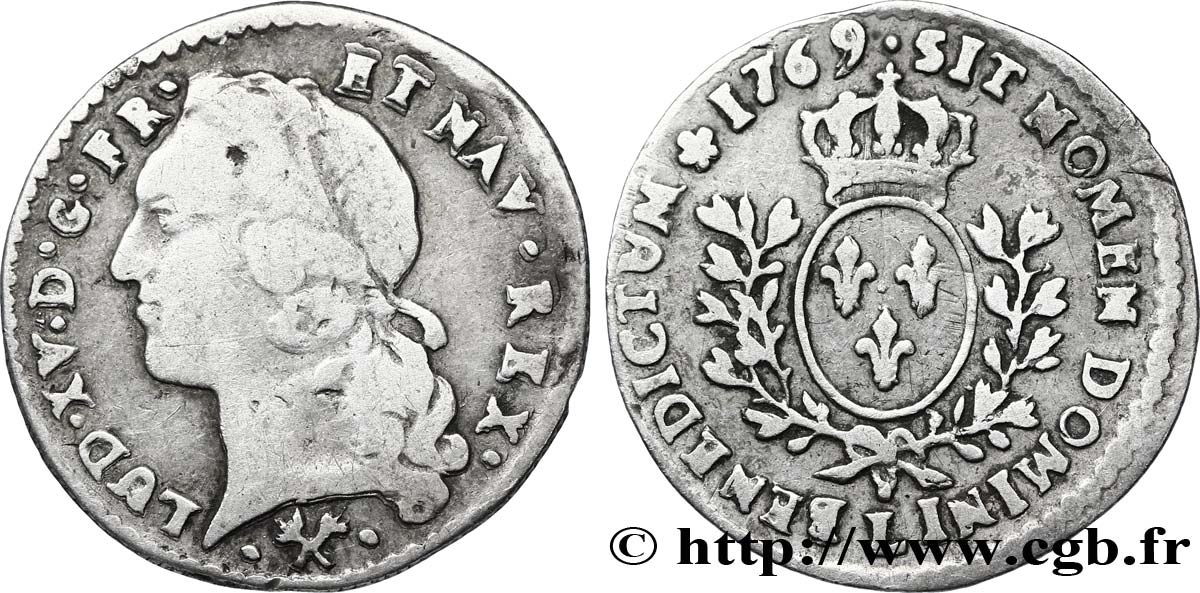 LOUIS XV DIT LE BIEN AIMÉ Vingtième d&nbsp;écu aux branches d’olivier, tête ceinte d’un bandeau 1769 Bayonne TB/TB+