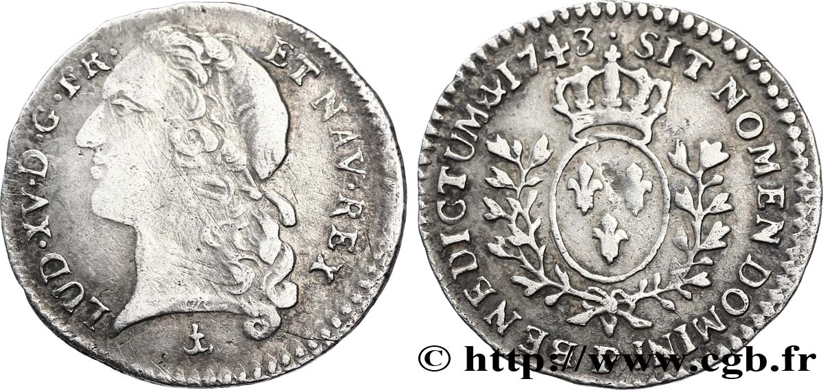 LOUIS XV DIT LE BIEN AIMÉ Vingtième d&nbsp;écu aux branches d’olivier, tête ceinte d’un bandeau 1743 Dijon TB+/TTB