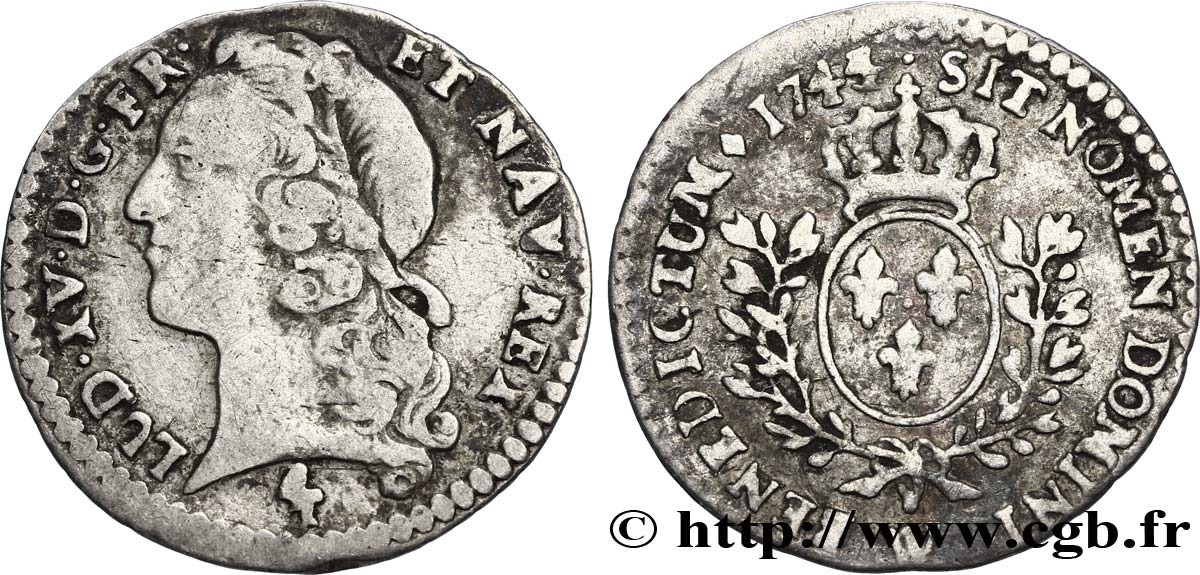 LOUIS XV DIT LE BIEN AIMÉ Vingtième d&nbsp;écu aux branches d’olivier, tête ceinte d’un bandeau 1744 Lille B/B+