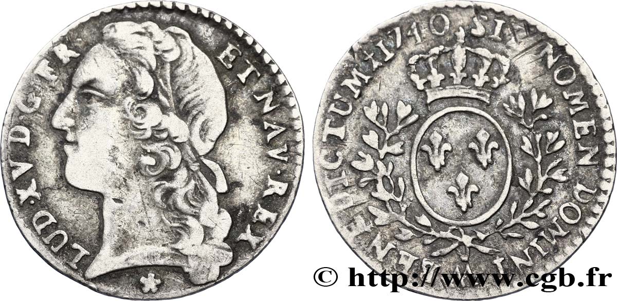 LOUIS XV DIT LE BIEN AIMÉ Dixième d écu aux branches d’olivier, tête ceinte d’un bandeau 1740 Metz TTB