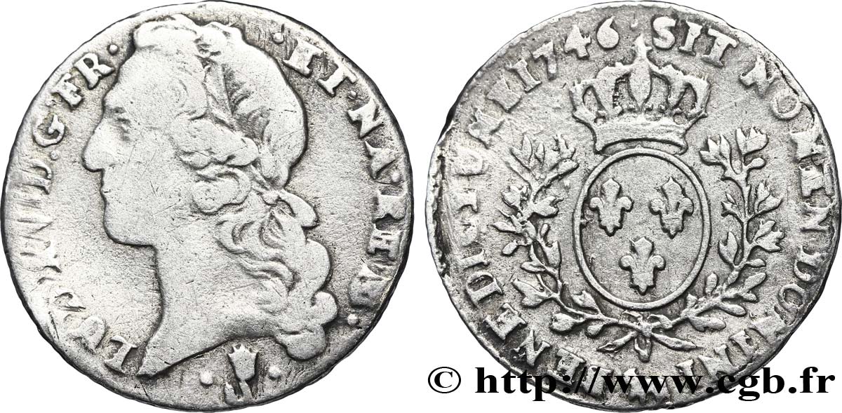 LOUIS XV DIT LE BIEN AIMÉ Dixième d&nbsp;écu aux branches d’olivier, tête ceinte d’un bandeau 1746 Pau TB